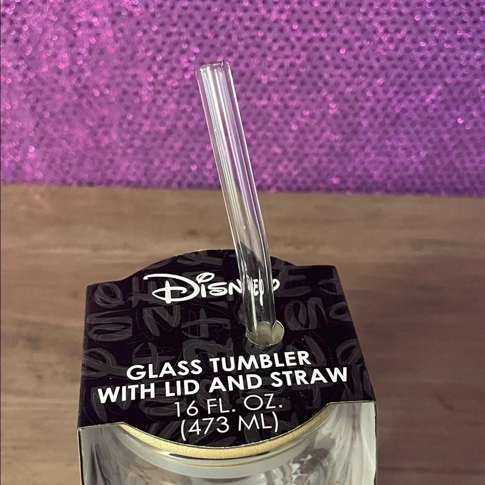 Disney Lady & the Tramp Glass Tumbler • 16 oz • Wood Lid & Straw • NWT - Picture 3 of 5